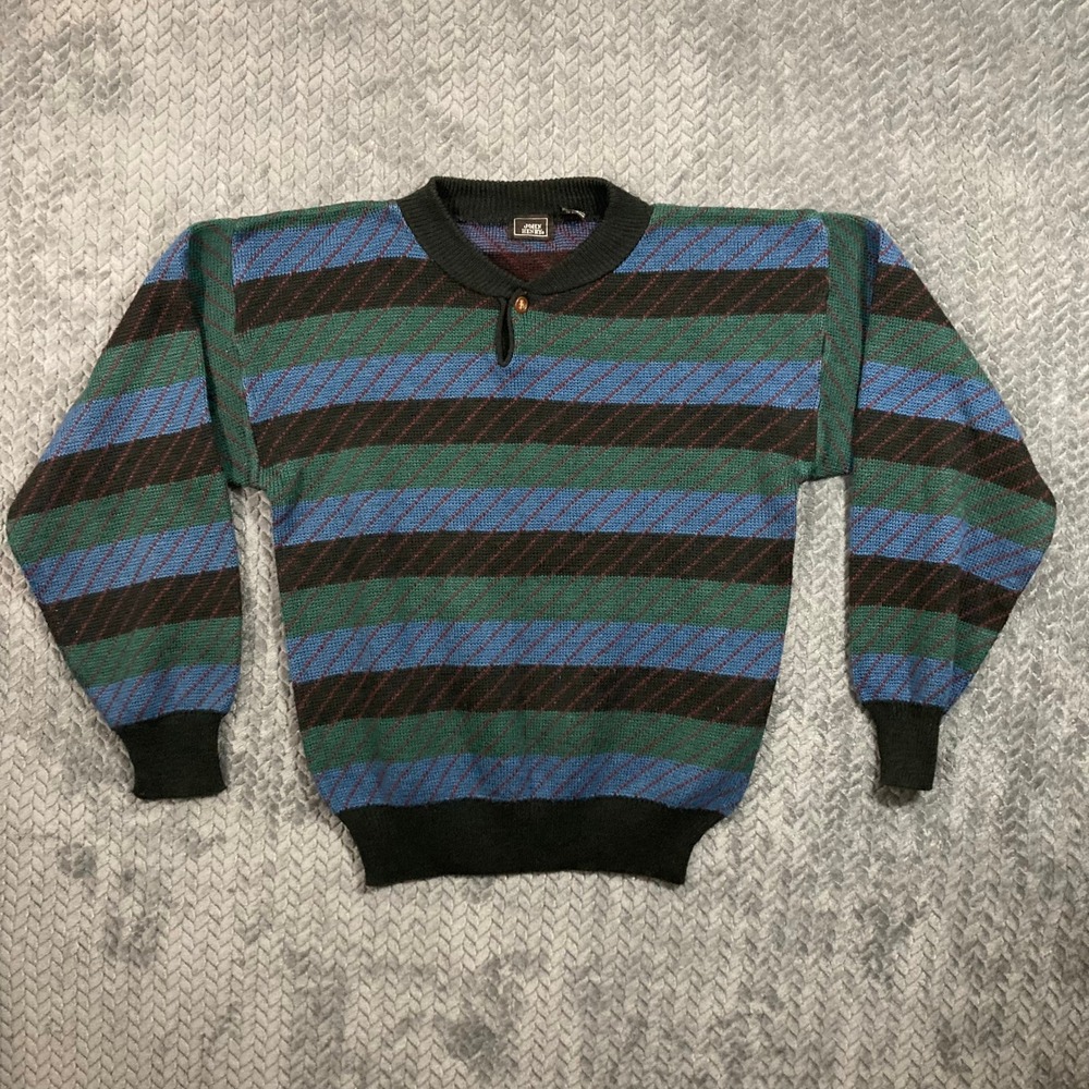 John Henry Sweater Mens L Vintage Henley Striped Multi-Color Button-Down